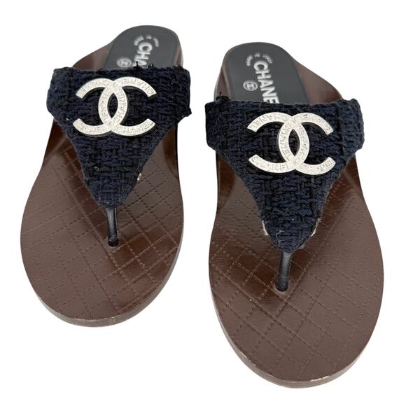 CHANEL Interlocking CC Logo Quilted Thong Sandals EU 39 US 8.5-9 Navy Blue Flats - Picture 3 of 15